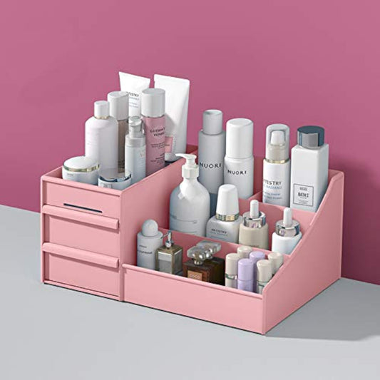 Makeup Organizer Storage Box, Small Cosmetic Dresser Organizer for Skincare, Creams, Lipstick, Toners and Lotion, Cute Bedroom Bathroom Organizer Drawers Countertop for Women and Girls (Pink)