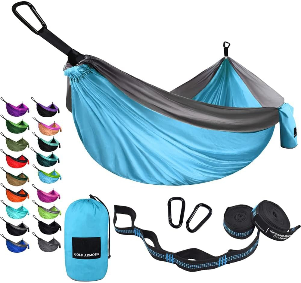 Camping Hammock - Portable Hammock Single Hammock Camping Accessories Gear for Outdoor Indoor Adult Kids, USA Based Brand (Light Blue & Grey)