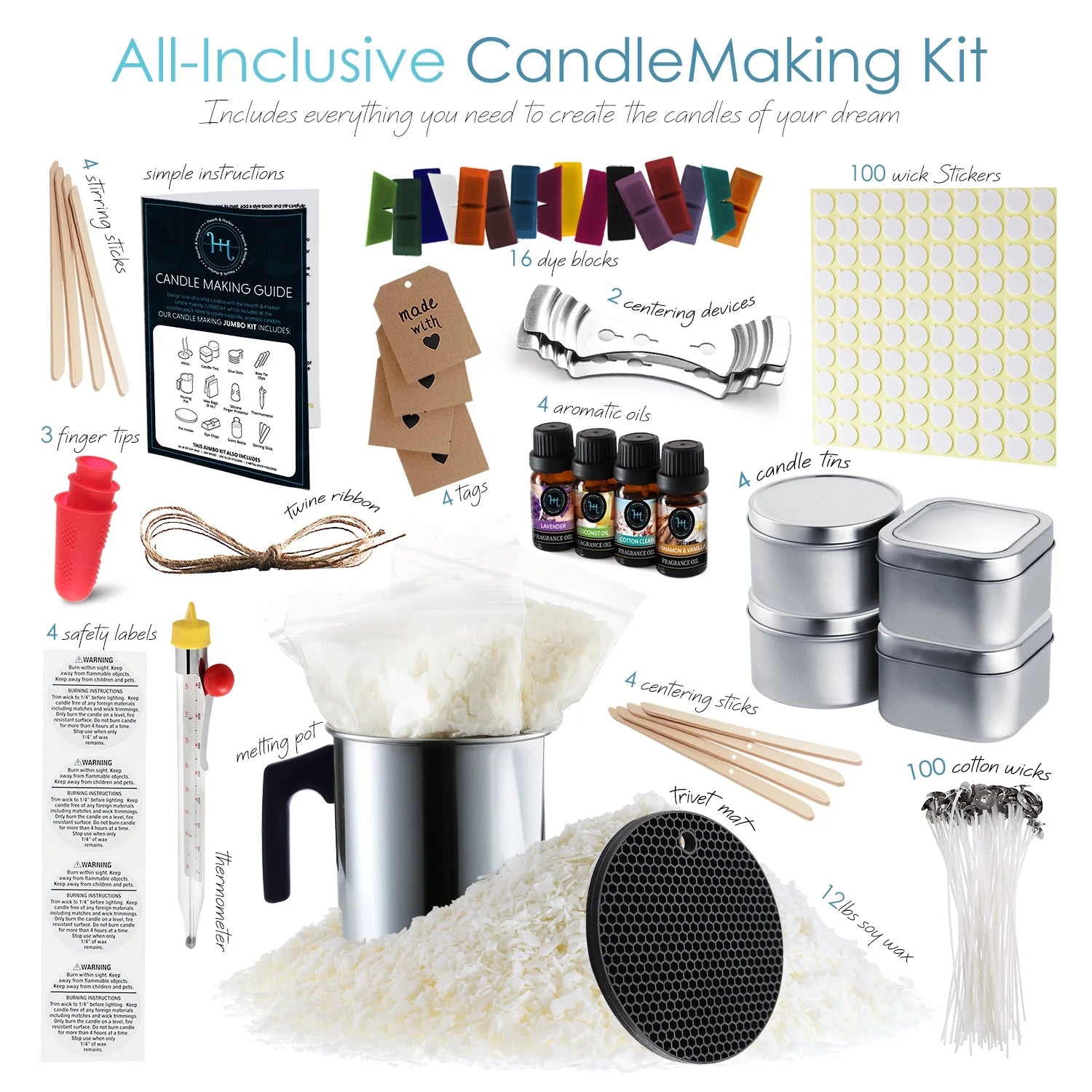 Complete DIY Candle Making Kit Supplies for Adults and Children - 16 Color Dyes, Fragrances, 12 Lbs. Soy Wax, Melting Pot, Thermometer, Tins, Cotton Wicks, Finger Protectors, Centering Devices & More