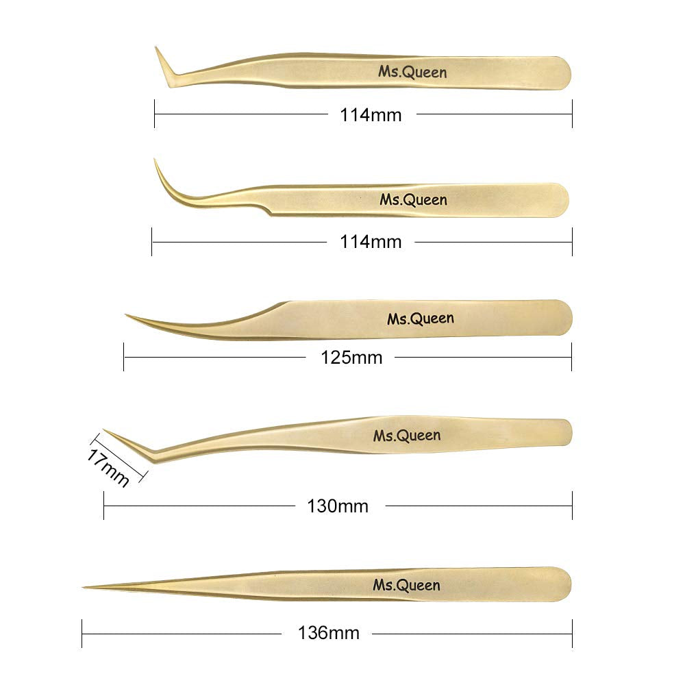 Eyelash Extension Tweezers Set-Precision Tweezers for 2D-6D Volume&Individual False Lashes Extensions with PU Storage Case-Golden (5Pcs Tweezers Set/M003)