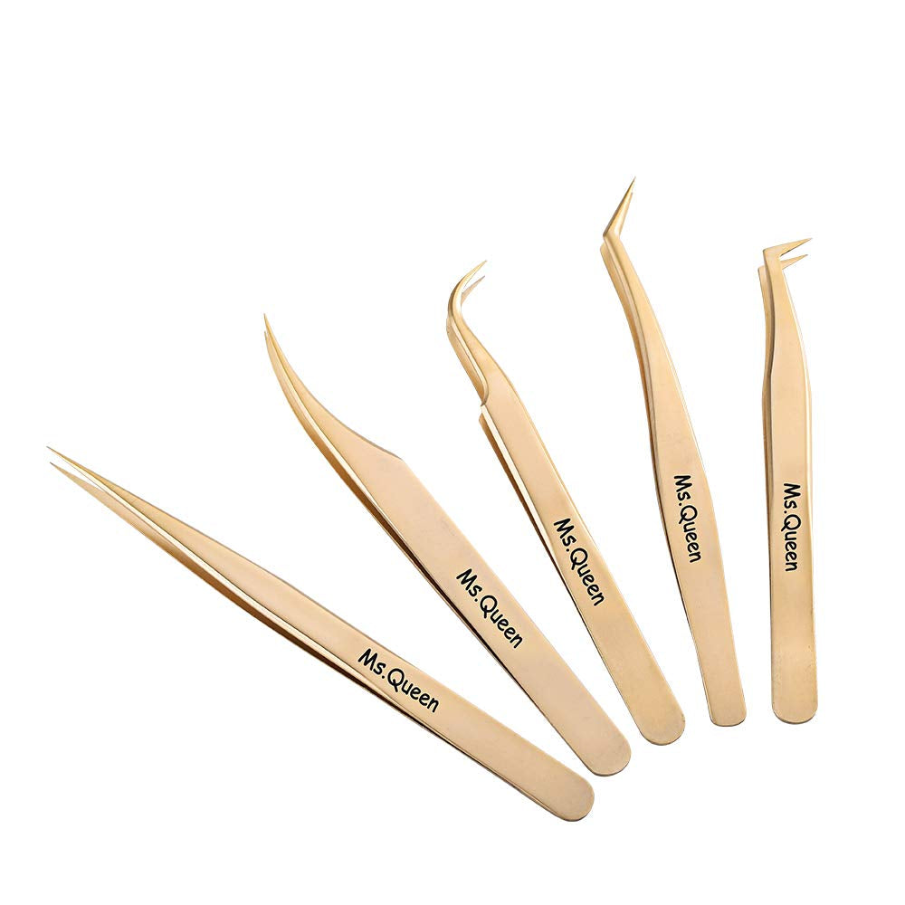 Eyelash Extension Tweezers Set-Precision Tweezers for 2D-6D Volume&Individual False Lashes Extensions with PU Storage Case-Golden (5Pcs Tweezers Set/M003)