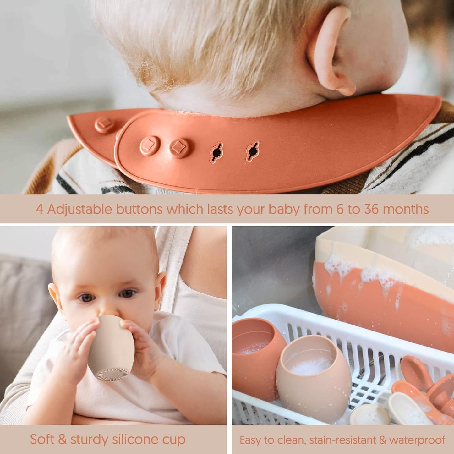 Baby Silicone Feeding Set - Baby Led Weaning Utensils, Silicone Bibs, Infant Feeding Cups for Boys, Girls, & Toddlers Smooth Waterproof Material for Practical Eating, Set of 8