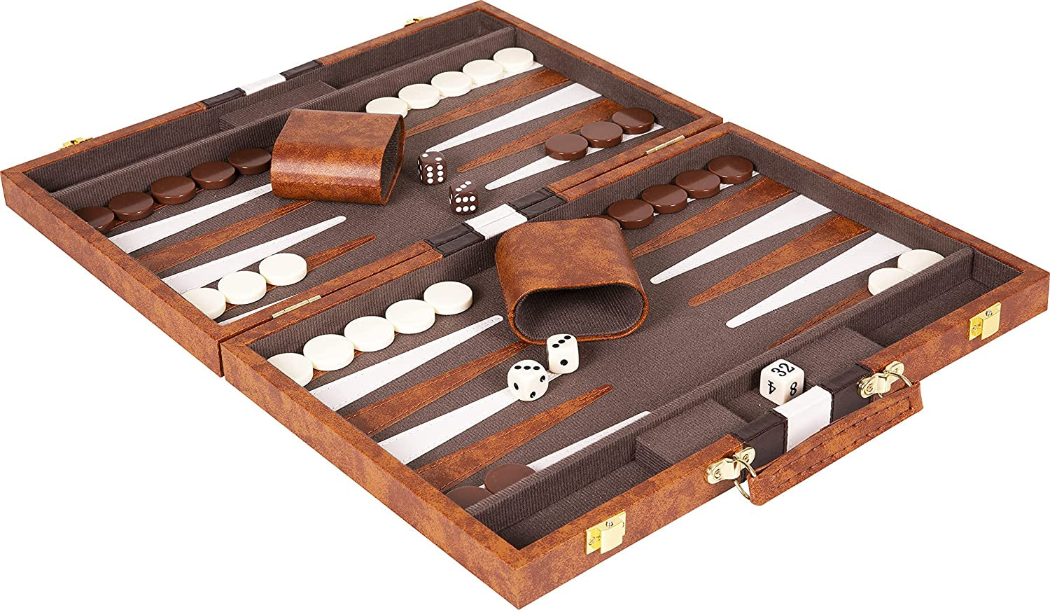 Backgammon Set 15 Inch, Medium - Classic Board Game for Adults and Kids with Premium Leather Case - Includes Strategy & Tip Guide (Brown)