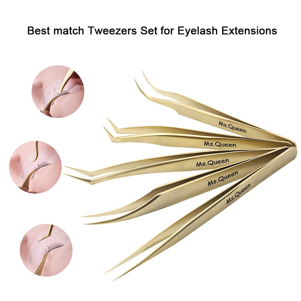 Eyelash Extension Tweezers Set-Precision Tweezers for 2D-6D Volume&Individual False Lashes Extensions with PU Storage Case-Golden (5Pcs Tweezers Set/M003)