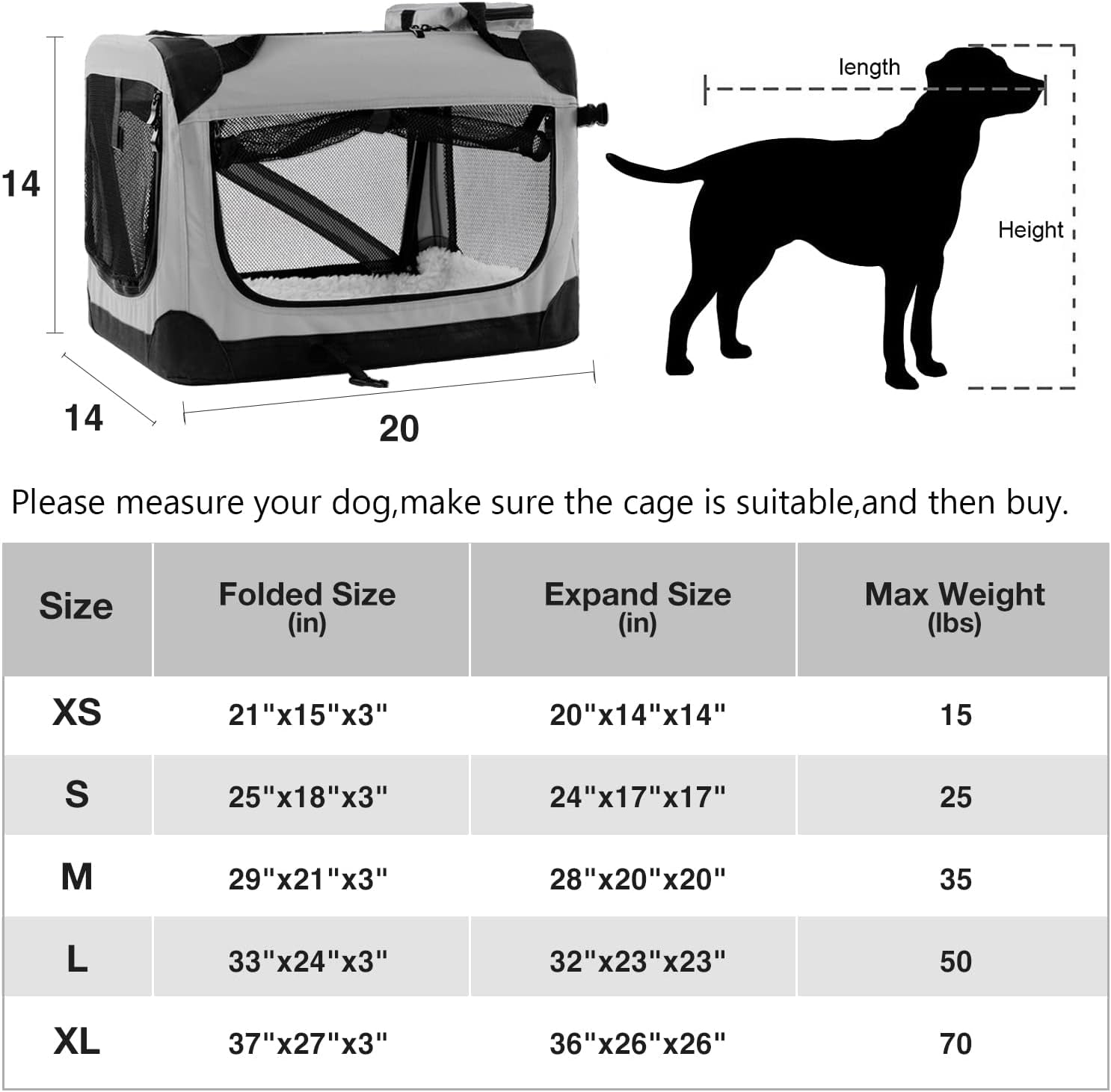 Foldable Dog Cage for Large Dogs, 3 Door Folding Dog Kennel, Durable Pet Carrier with Strong Steel Frame, Foldable Soft Sided Crate for Indoor & Outdoor Dogs, Grey L