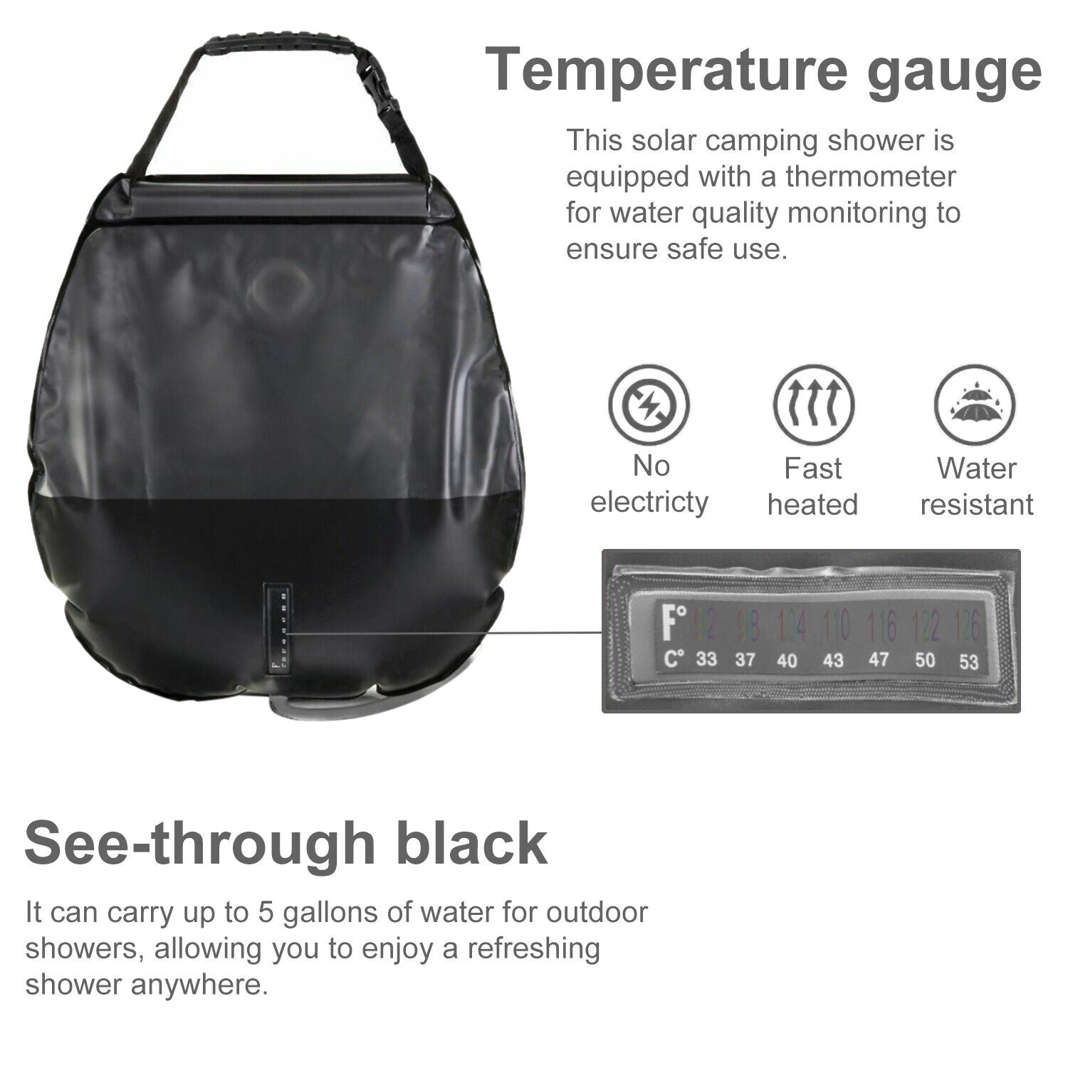 20L Water Bags Outdoor Camping Solar Heat Shower Bag Portable Compact Heated