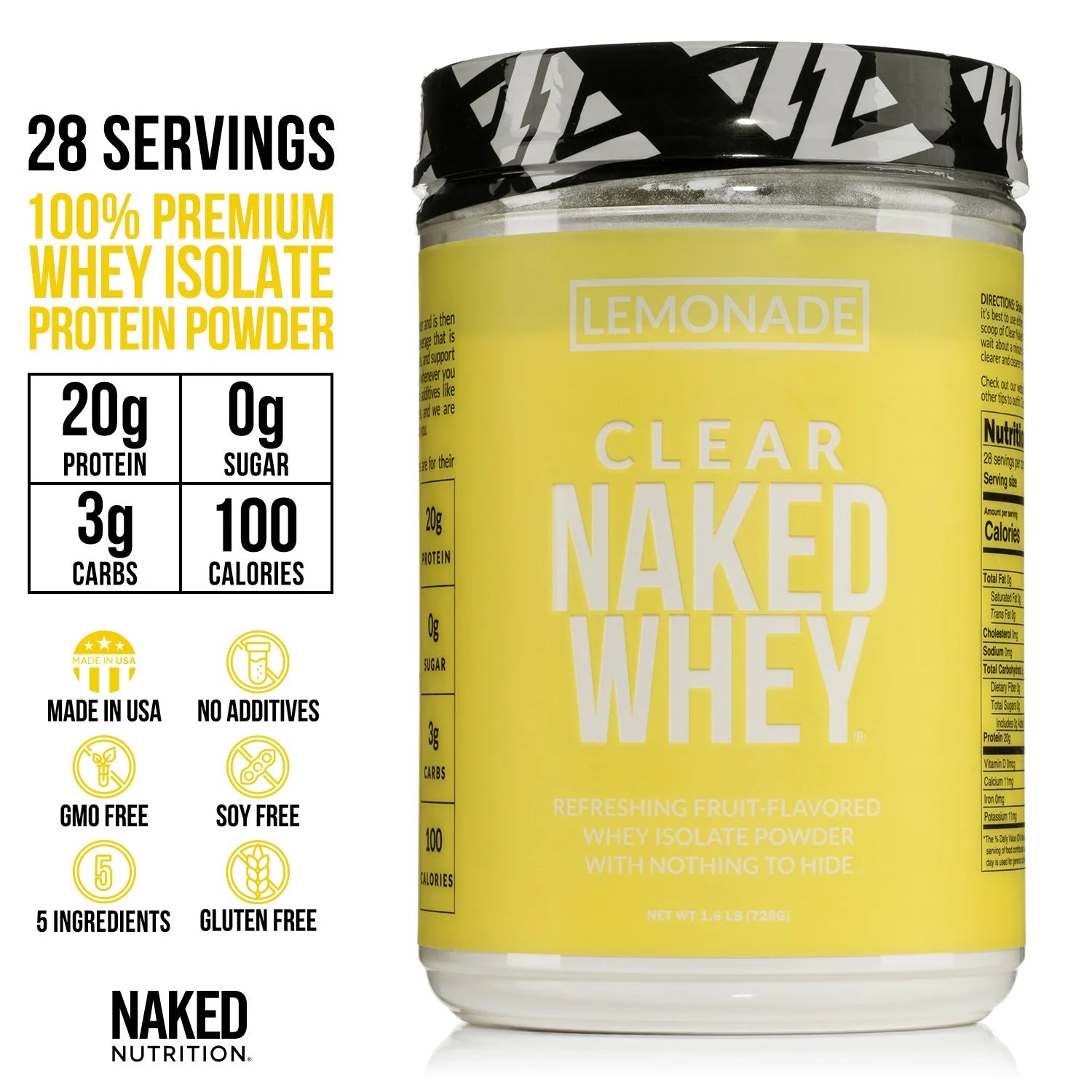 Clear Naked Whey Protein Isolate, Lemonade Protein Powder Isolate, No Gmos or Artificial Sweeteners, Gluten-Free, Soy-Free - 28 Servings