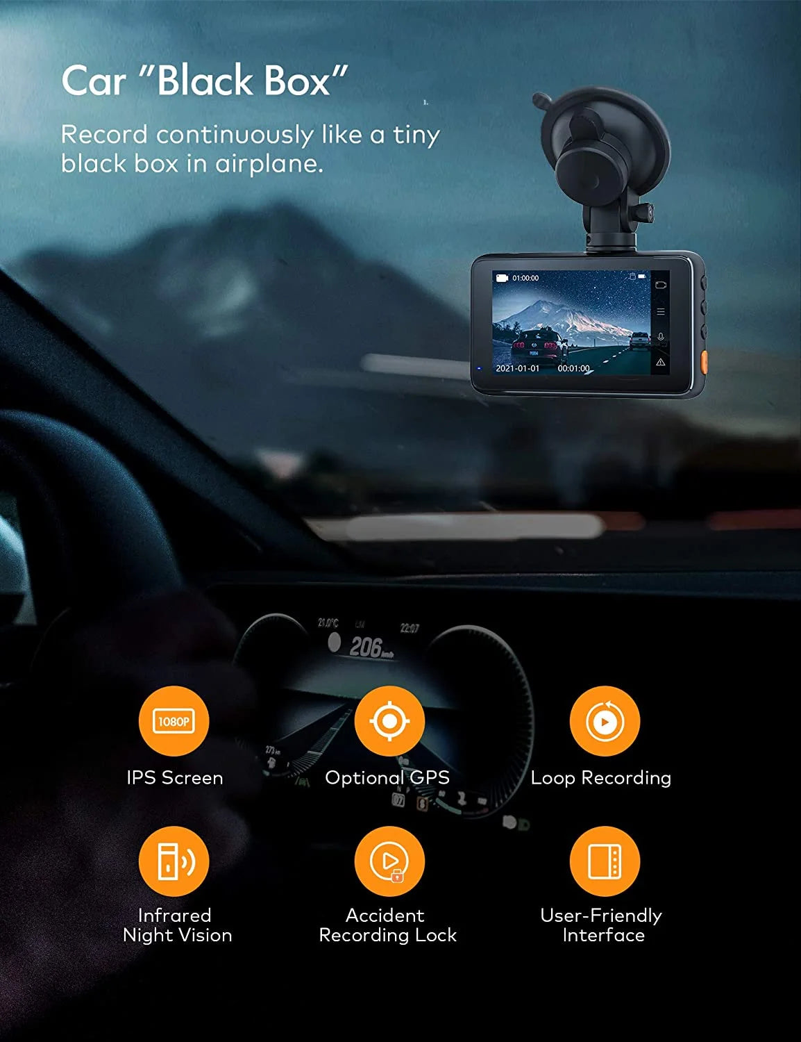 Dash Cam, Superior Night Vision WDR, 1080P Dash Camera Sensor, 3'' IPS Screen, 170° Wide Angle, Black, Support GPS