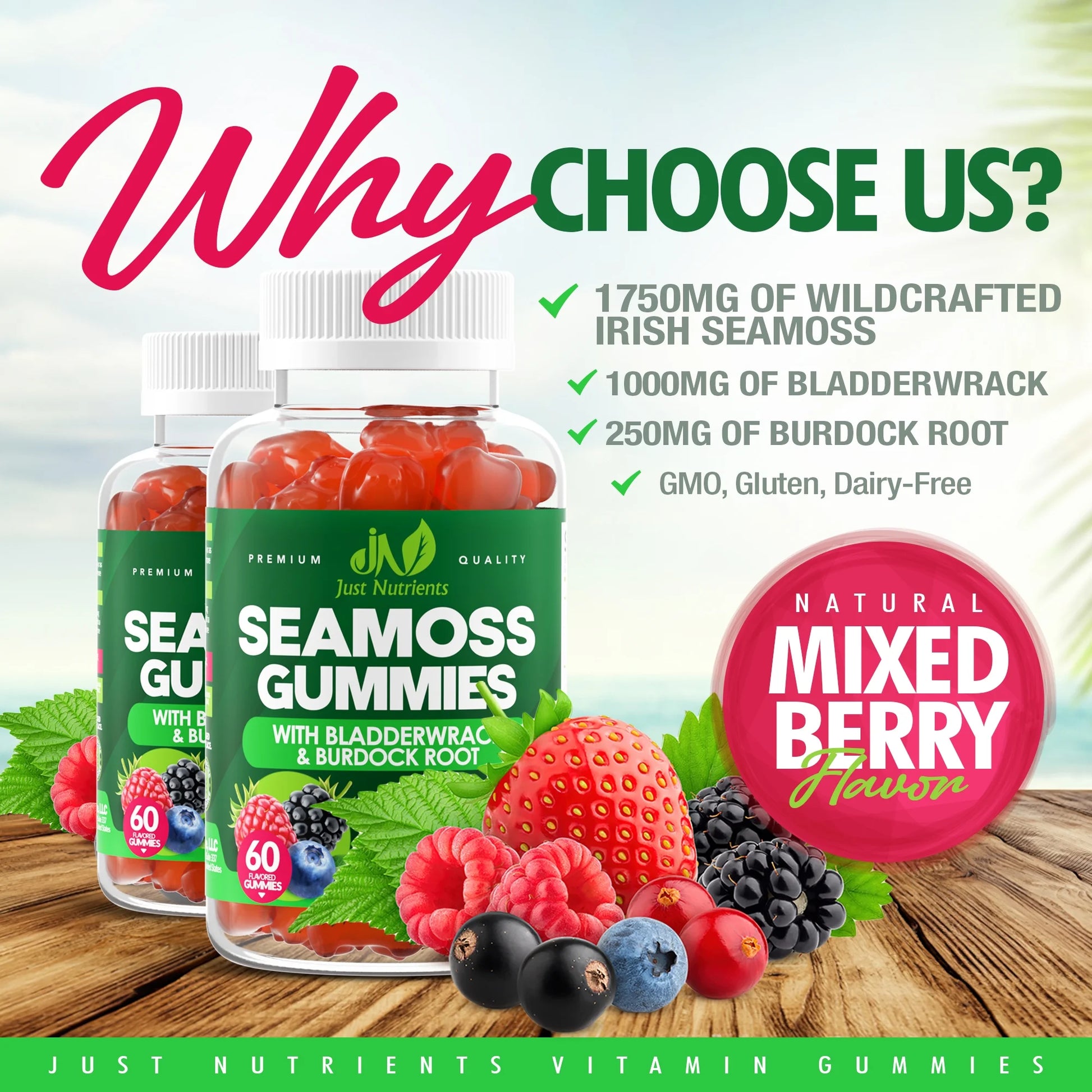 Sea Moss 3,000MG Gummies with Bladderwrack and Burdock Root - Gluten-Free, Vegan - 60 Gummies