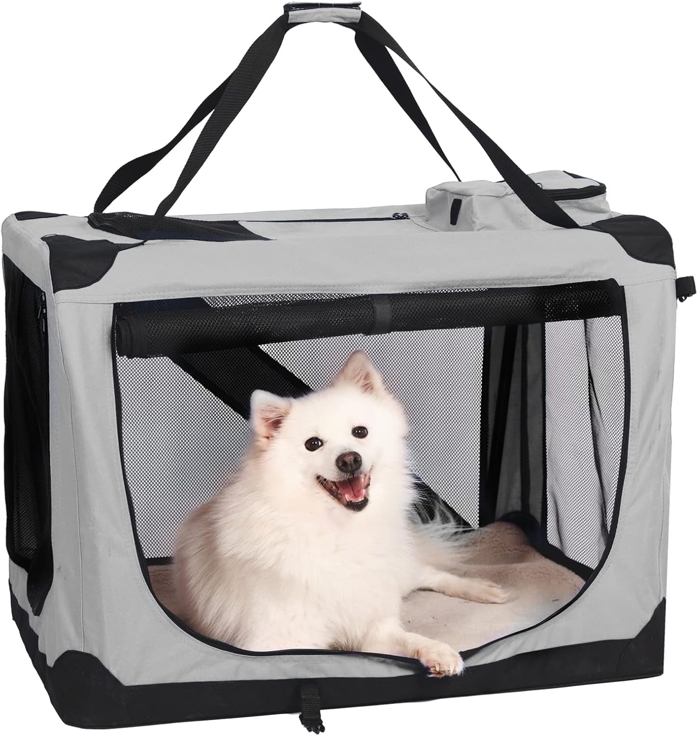 Foldable Dog Cage for Large Dogs, 3 Door Folding Dog Kennel, Durable Pet Carrier with Strong Steel Frame, Foldable Soft Sided Crate for Indoor & Outdoor Dogs, Grey L