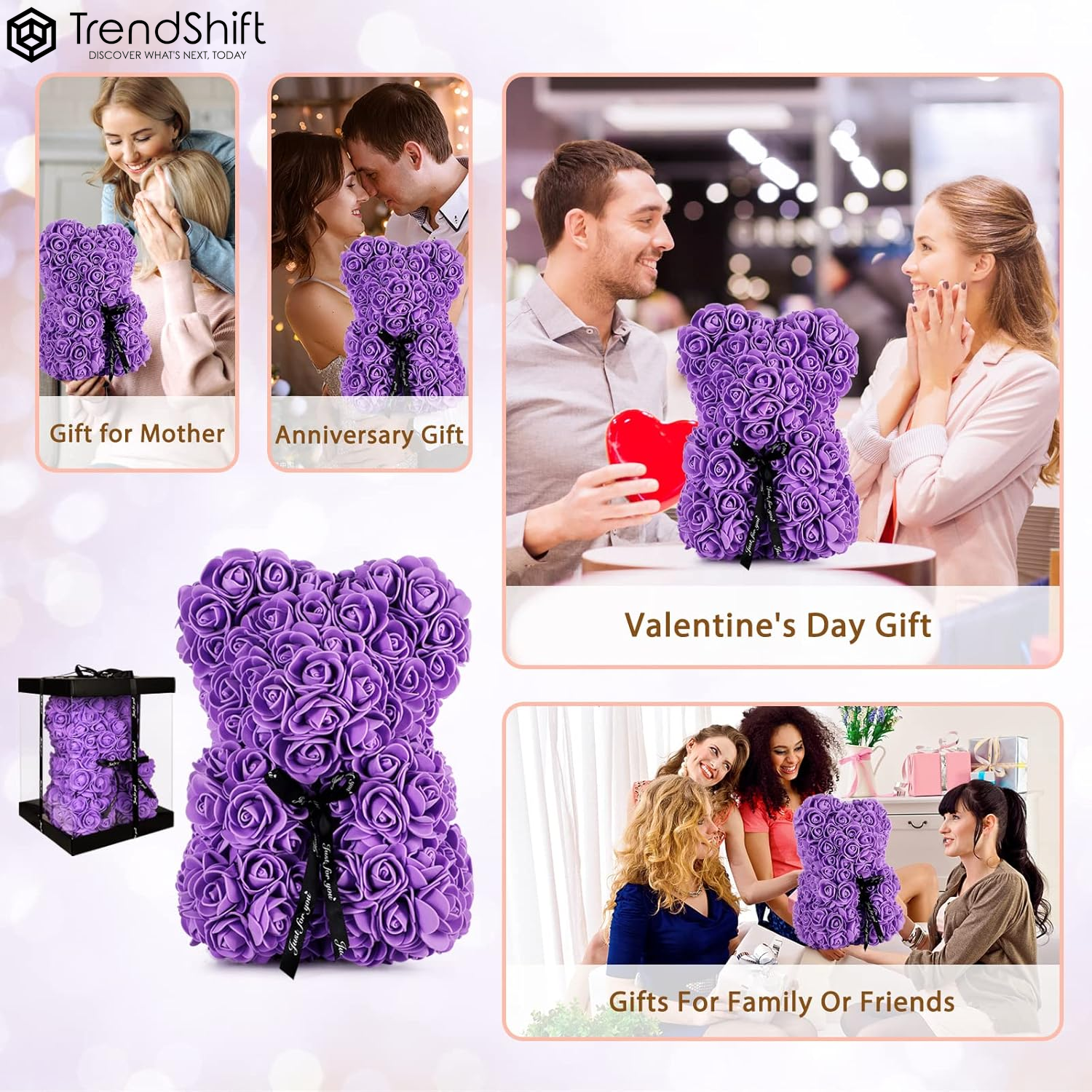 Rose Bear Gift for Women, Flower Bear Mom Birthday Gifts from Daughter Son, Rose Teddy Bear Valentines Day Gifts for Girlfriend, for Wife Mom​(Purple)