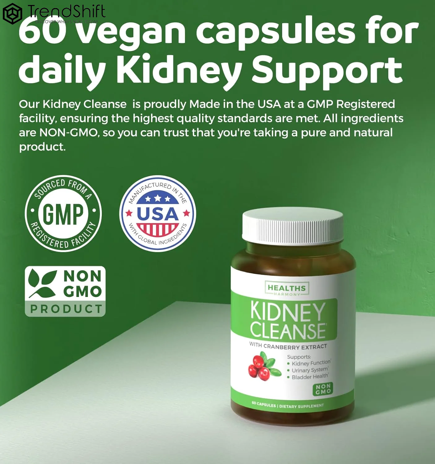 Kidney Cleanse Supplement (Vegetarian) Supports Bladder Control & Urinary Tract - Powerful Cranberry Extract - Natural Herbs - Kidney Health, Flush & Detox - 60 Capsules No Pills