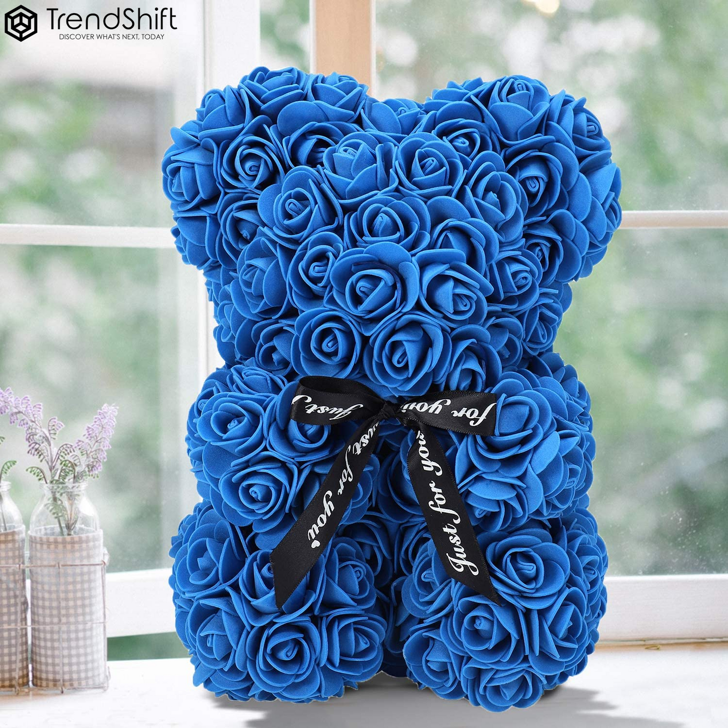 ZFDEBY Rose Flower Bear-Hand Made Teddy Bear,Best Artificial Decoration Gifts for Mothers Day, Valentines Day,Bridal,Weddings,The Perfect Party Clear Gift Box (06-Blue)