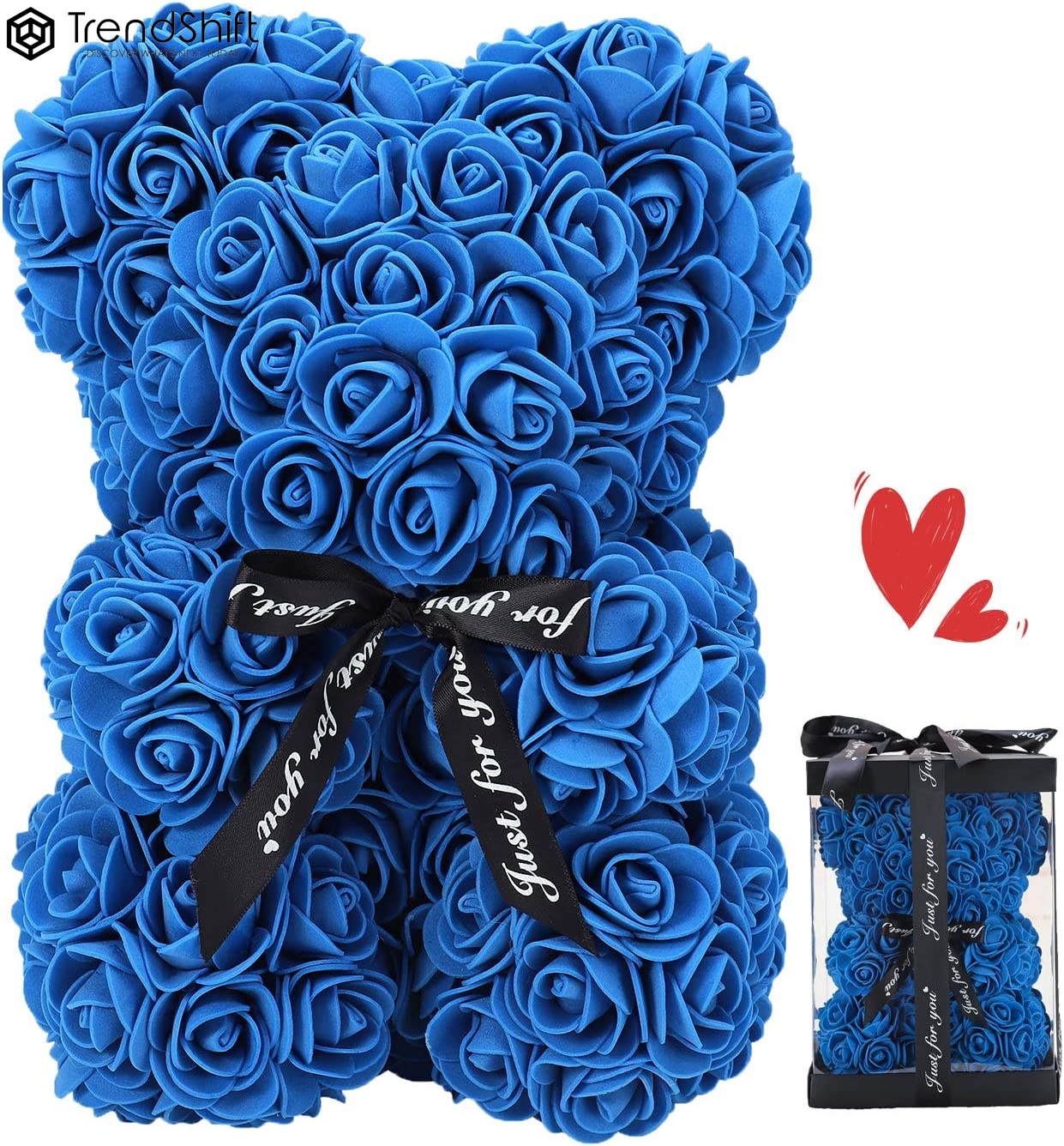 ZFDEBY Rose Flower Bear-Hand Made Teddy Bear,Best Artificial Decoration Gifts for Mothers Day, Valentines Day,Bridal,Weddings,The Perfect Party Clear Gift Box (06-Blue)